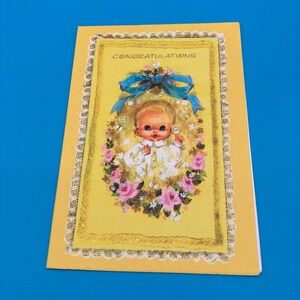 Vintage 1960s Mid Century Baby Congratulations Card Pink Roses Blue Bow Canada